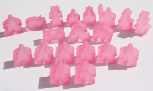 Complete 19 piece pink frosted set of Carcassonne meeples